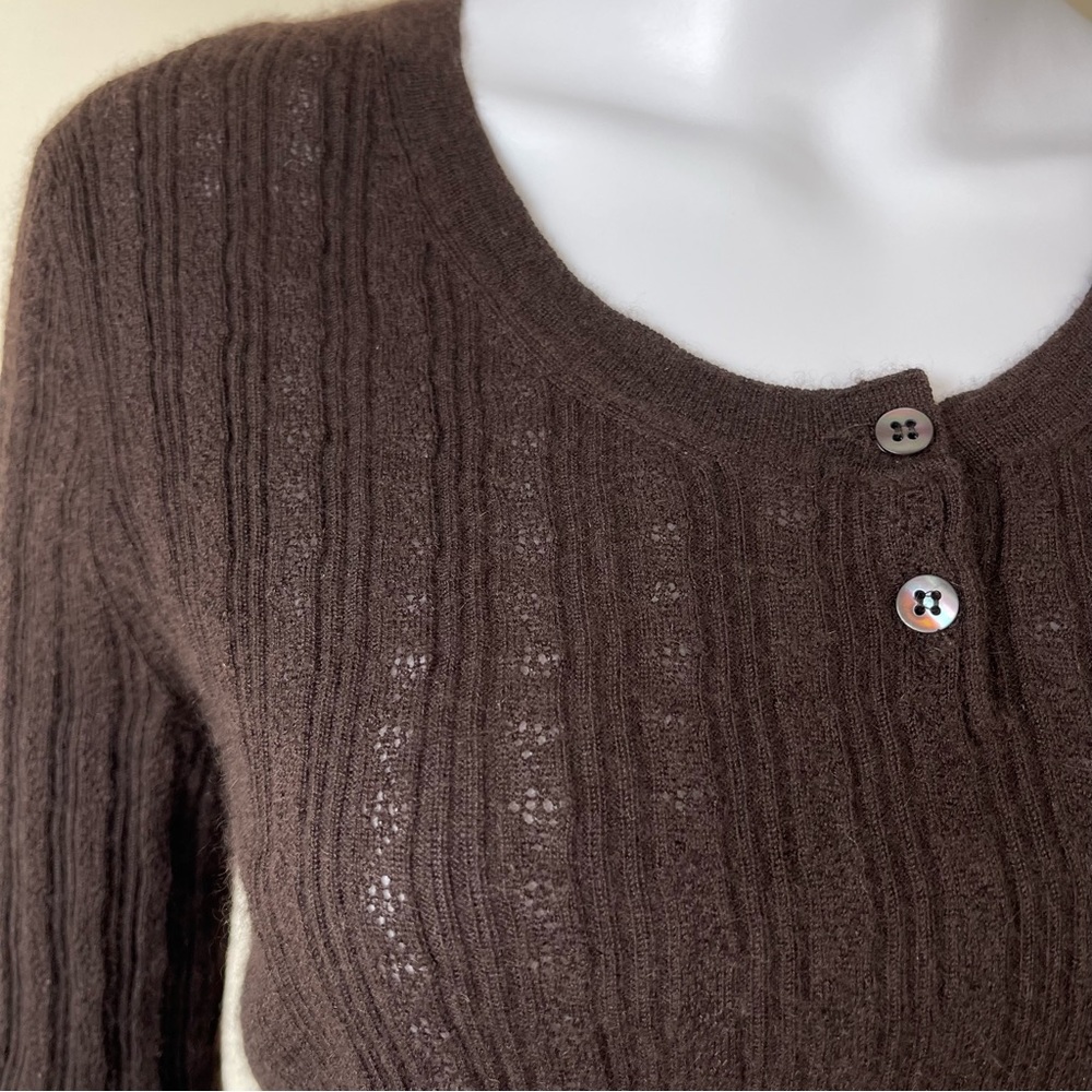 MANRICO CASHMERE SILK CREW NECK SWEATER BUTTON BROWN CABLE KNIT - Picture 15 of 15